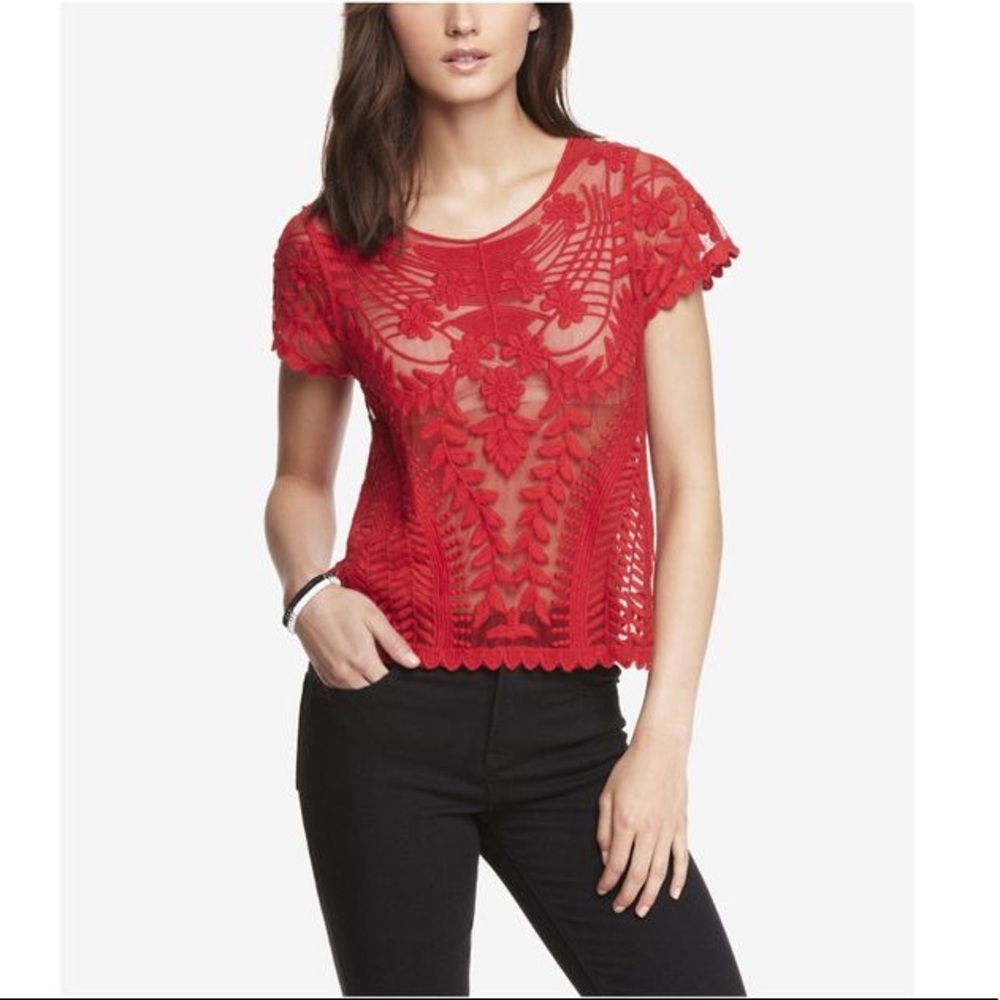 EXPRESS Short Sleeve Baroque Lace Tee Red